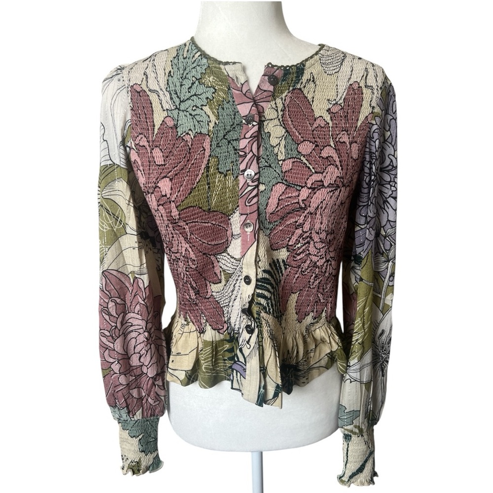Anthropologie Bl^nk Visata Floral Smocked Peplum Blouse XS NWT